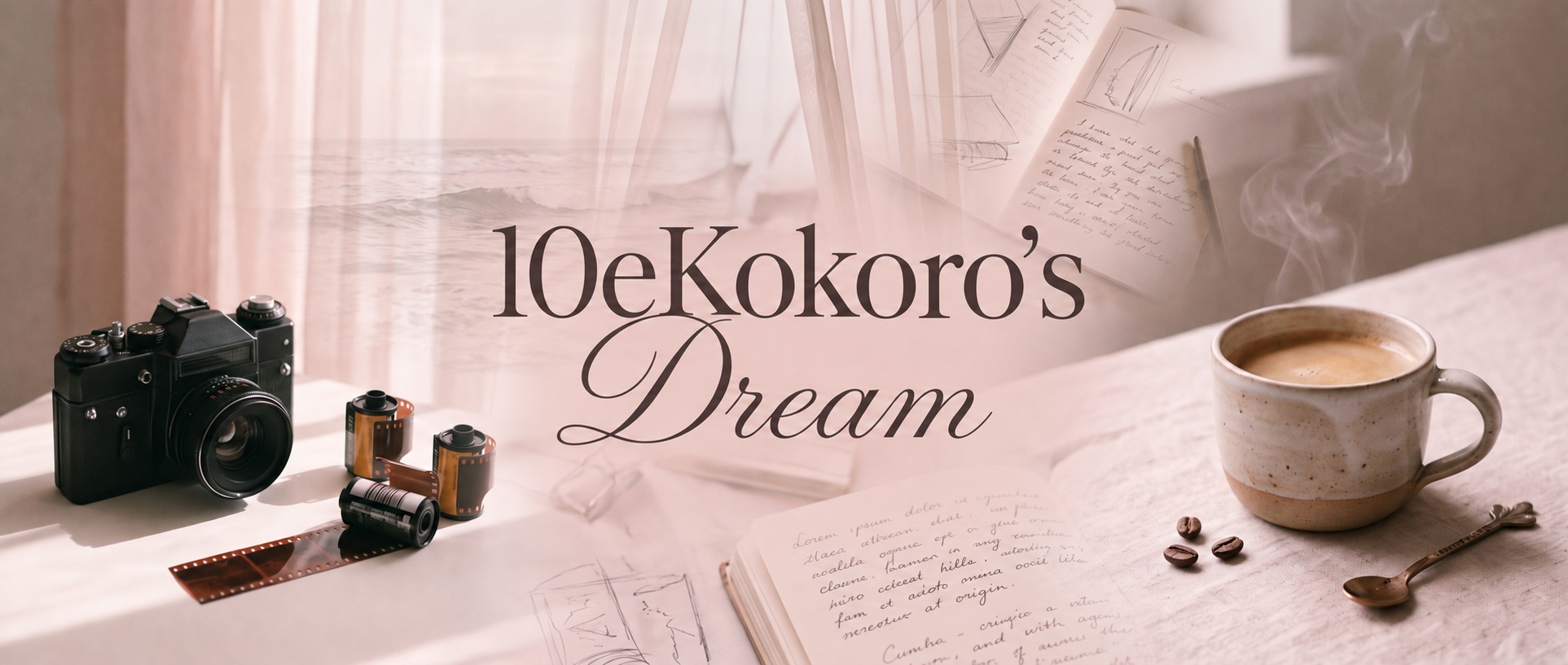 10eKokoro's Dreamのサイトバナー：フィルムカメラ、ノート、コーヒーのある静かな机
